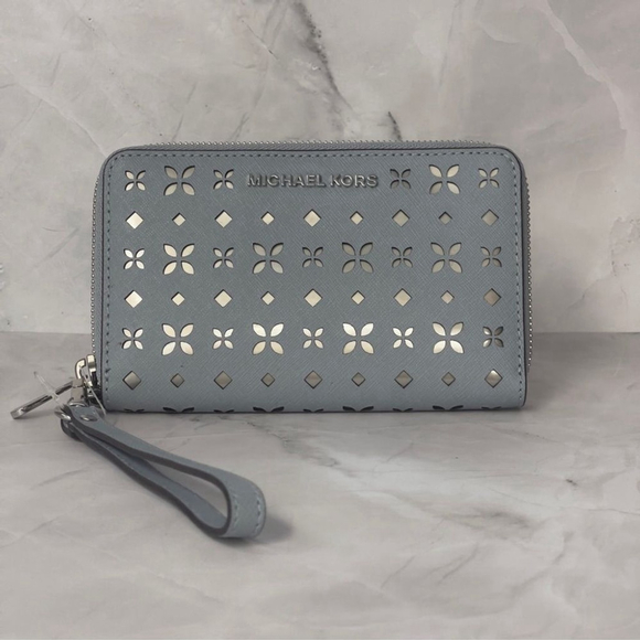 Michael Kors Zip Around Wallet Wristlet Laser Cut Dusty Blue - Picture 3 of 10